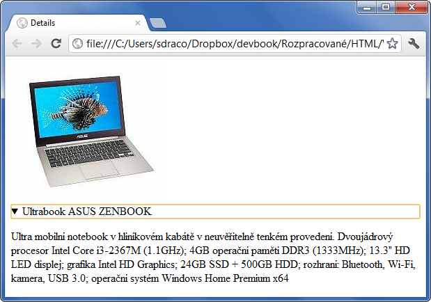 Ukázka použití HTML 5 tagu details k zobrazení dalších detailů o produktu - Layout - Český HTML 5 manuál