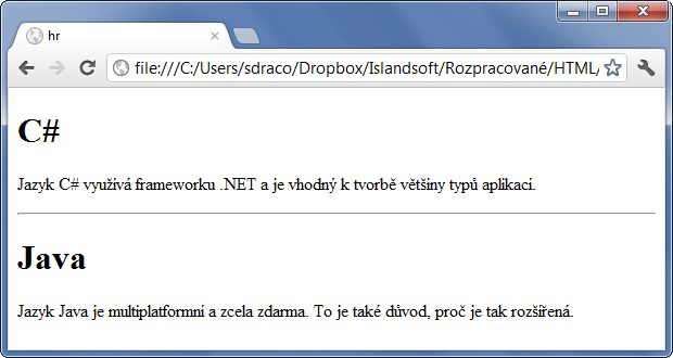 Ukázka použití HTML 5 tagu hr k vložení oddělovací čáry - Ostatní tagy - Český HTML 5 manuál