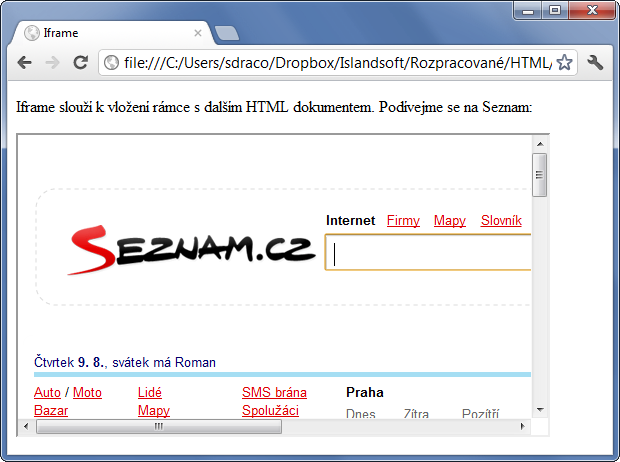 Ukázka použití HTML 5 tagu iframe k vložení stránky pomocí rámce - Ostatní tagy - Český HTML 5 manuál