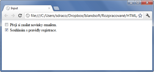 Ukázka formulářového pole input typu checkbox - Formuláře - Český HTML 5 manuál