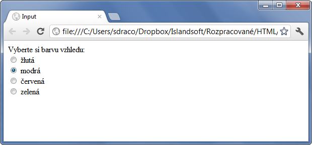 Ukázka formulářového pole input typu radio - Formuláře - Český HTML 5 manuál
