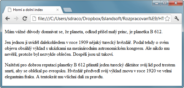 Ukázka použití HTML 5 tagu p pro rozdělení textu do odstavců - Textové tagy - Český HTML 5 manuál