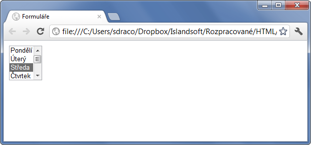 HTML formulář s elementy select a option s nastavenou velikostí 3 - Formuláře - Český HTML 5 manuál