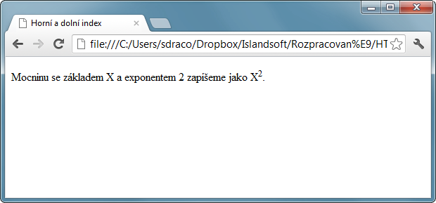 Ukázka použití HTML 5 tagu sup k označení horního indexu u druhé mocniny - Textové tagy - Český HTML 5 manuál