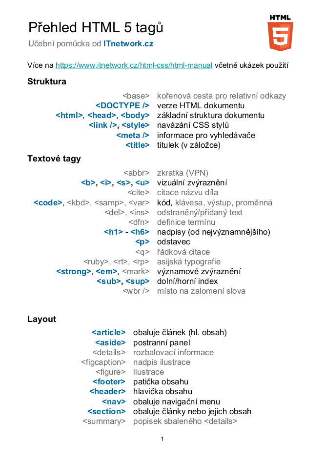 Tahák HTML 5 tagů