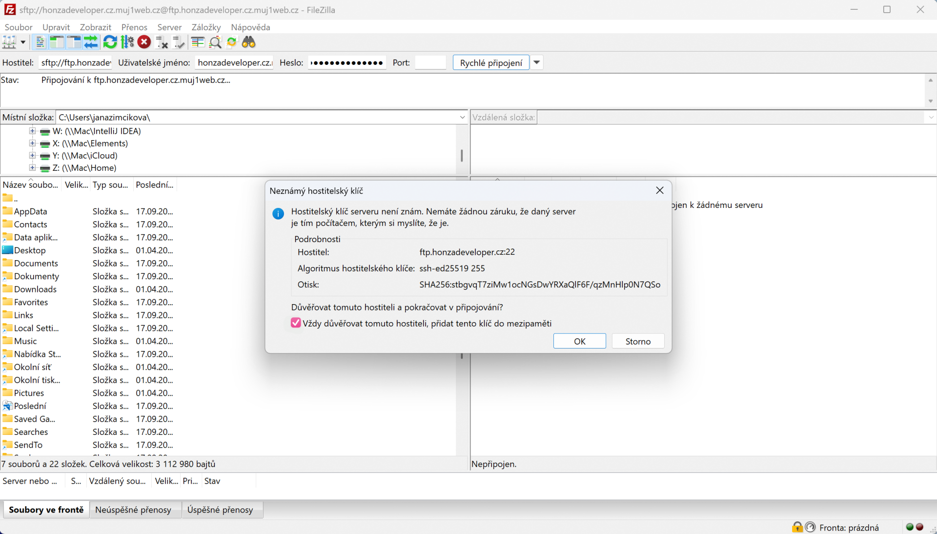 Přihlášení do FileZilla - Moderní webdesign