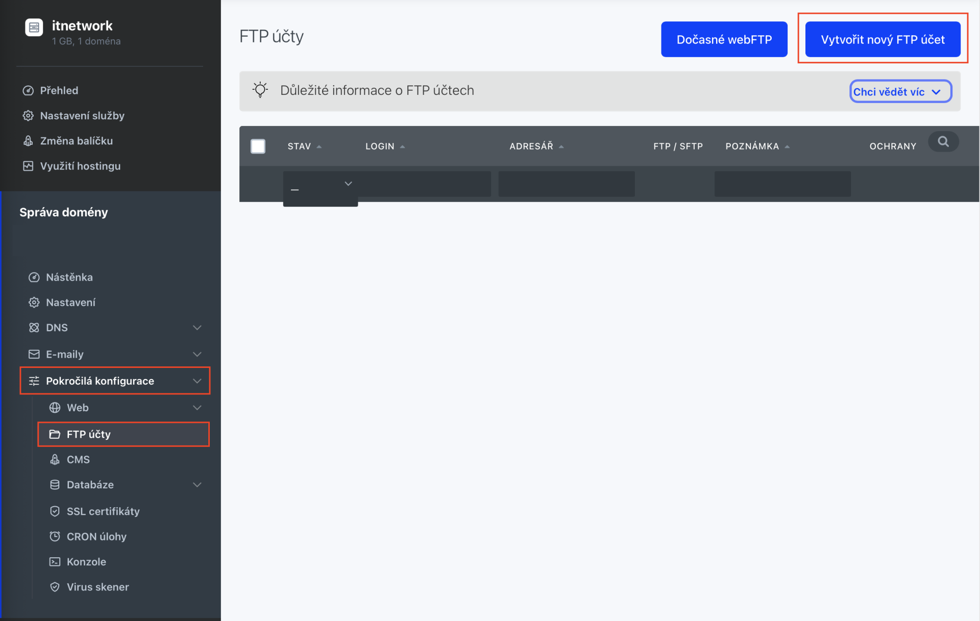 FTP účty - Moderní webdesign