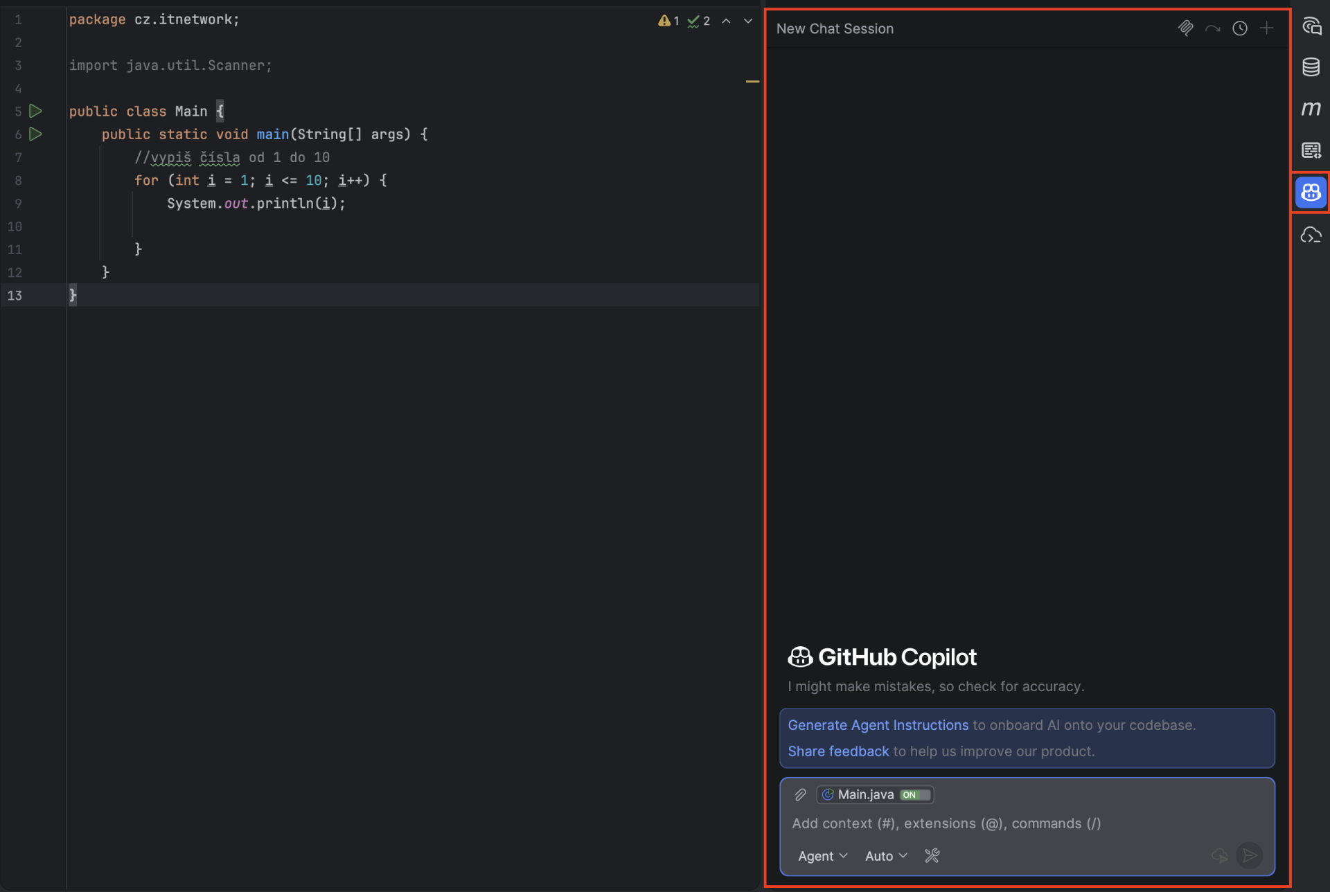 GitHub Copilot v Intellij IDEA - Základní konstrukce jazyka Java