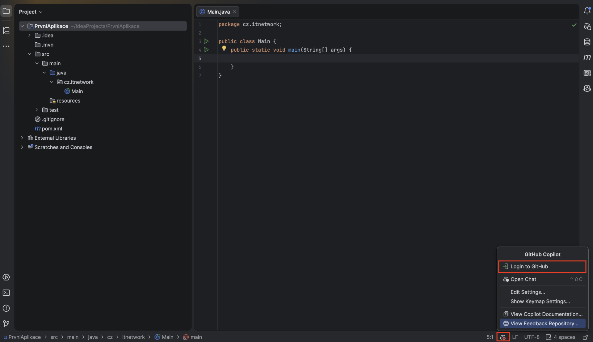 Přihlášení do GitHub Copilota v IntelliJ IDEA. - Základní konstrukce jazyka Java