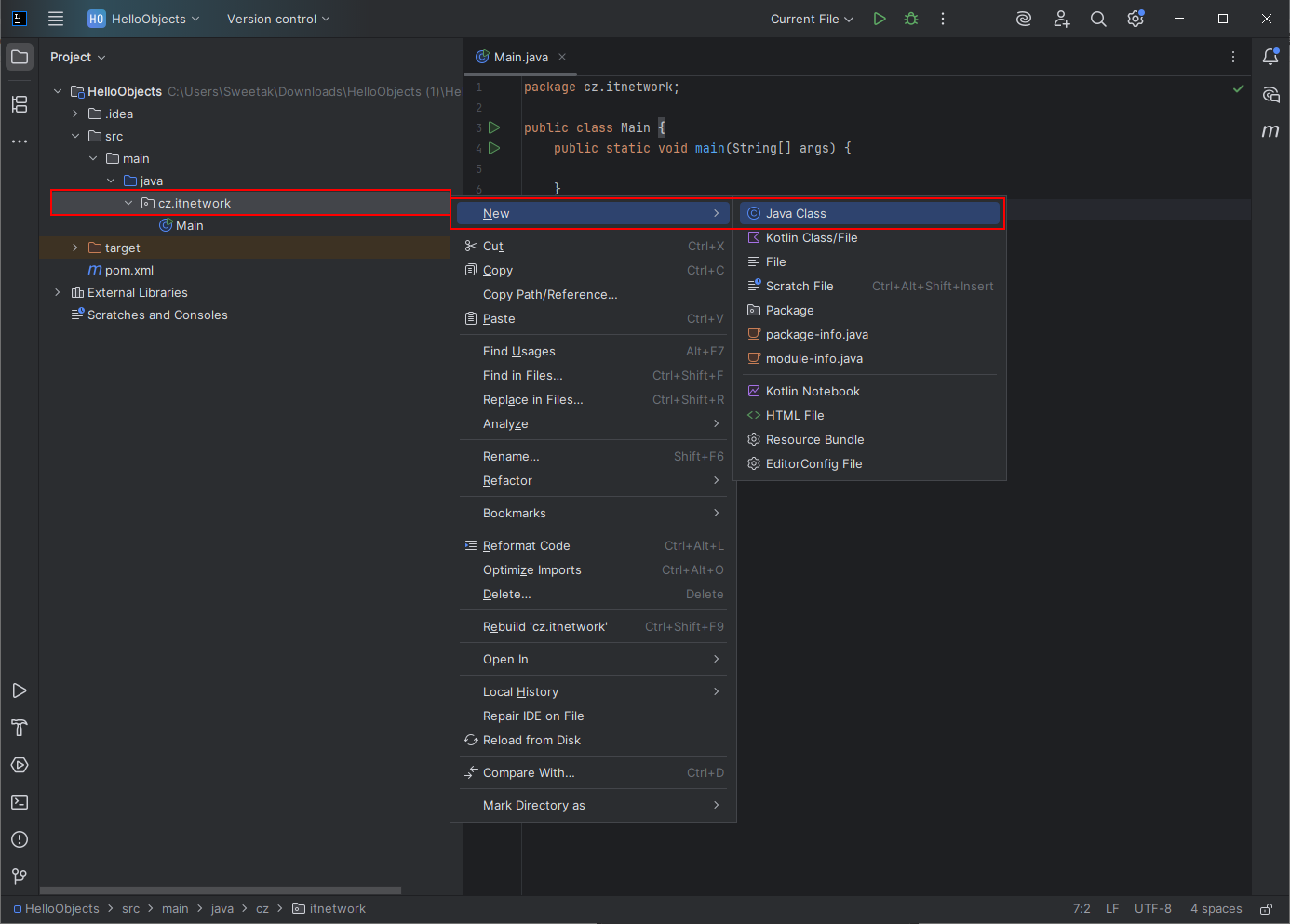 Přidání nové třídy class k Java projektu v IntelliJ - Objektově orientované programování v Javě