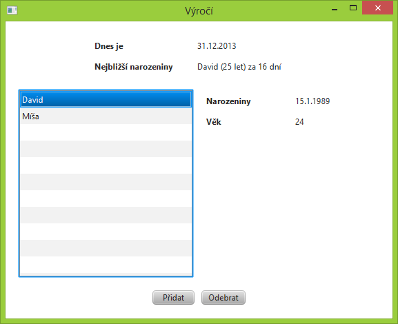 Formulář upomínače narozenin v JavaFX - Java FX - Okenní aplikace