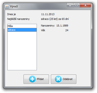 Detaily výročí - Swing - Okenní aplikace v Javě