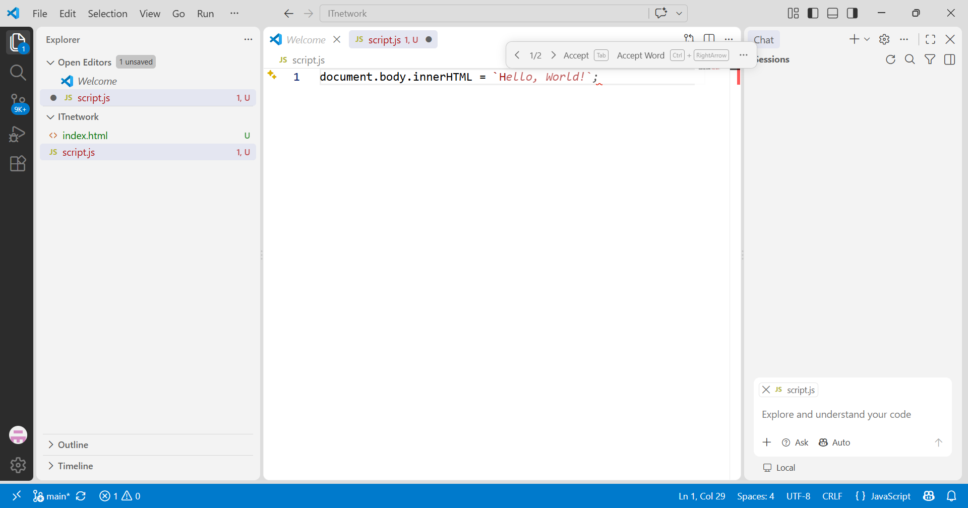 Návrh doplnění kódu v GitHub Copilotu - Základní konstrukce jazyka JavaScript