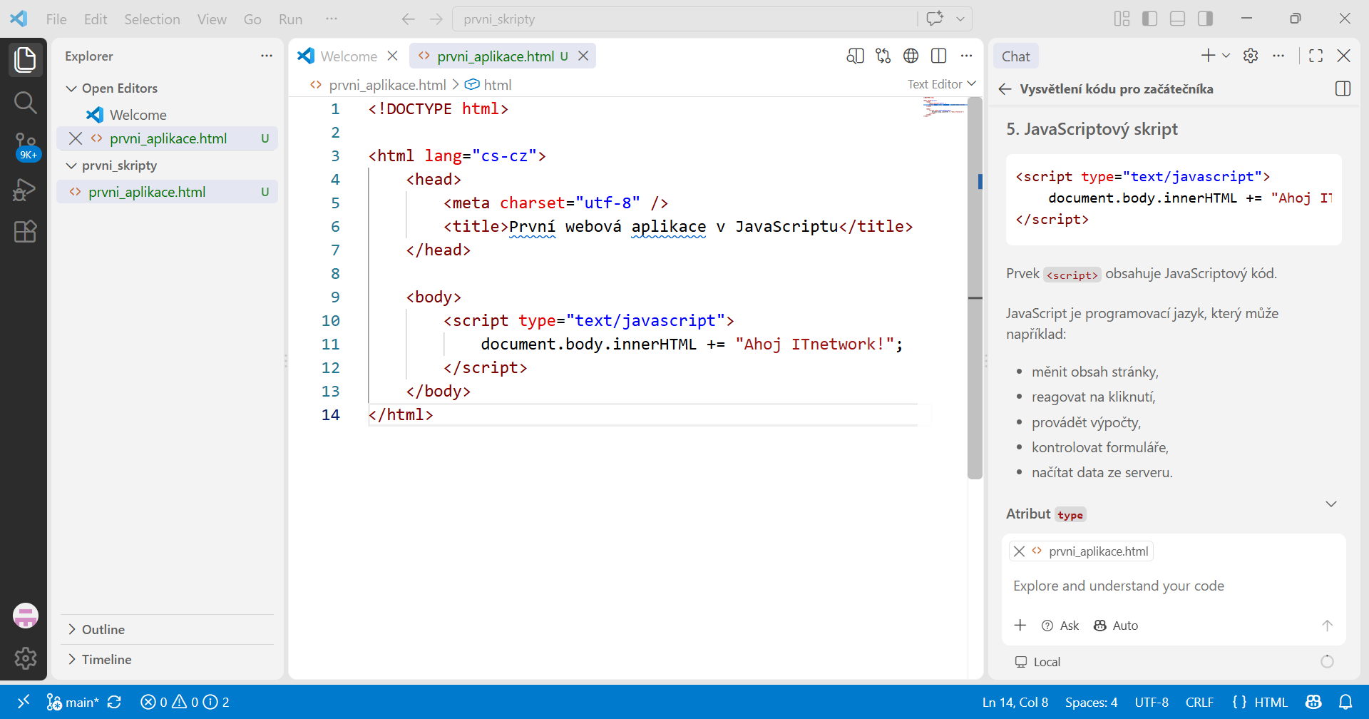 Vysvětlení kódu Copilotem - Základní konstrukce jazyka JavaScript