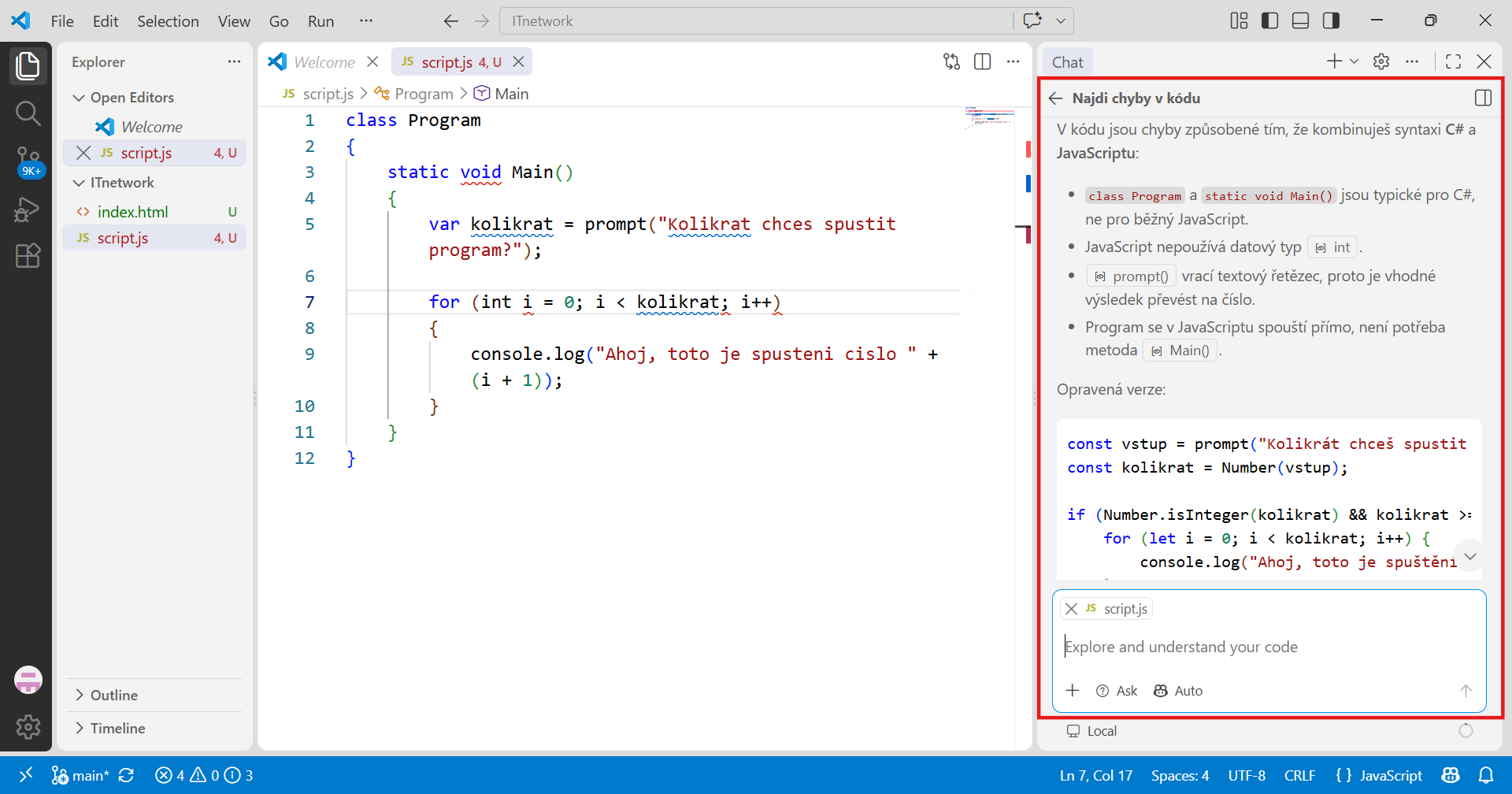 Chatovací rozhraní v GitHub Copilotu – oprava kódu - Základní konstrukce jazyka JavaScript