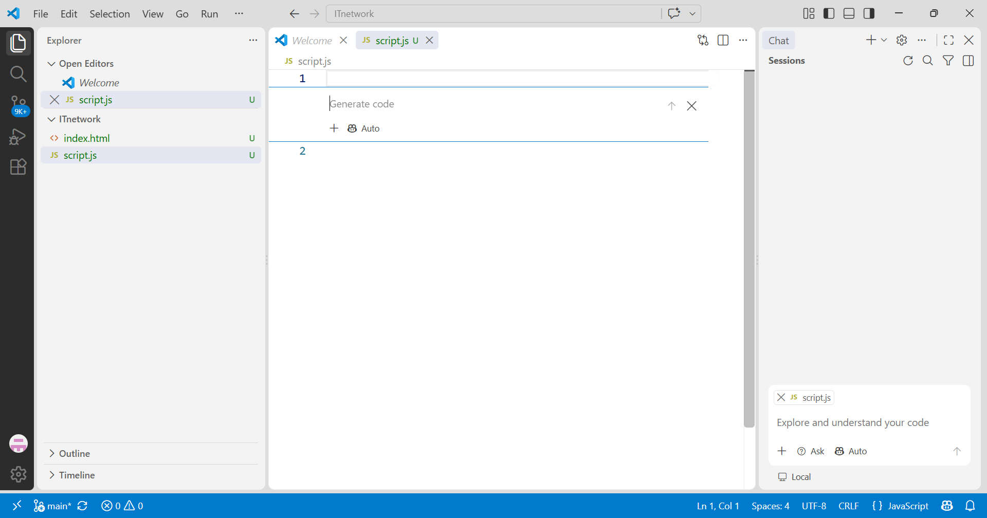 Inline chatovací okno v GitHub Copilotu - Základní konstrukce jazyka JavaScript