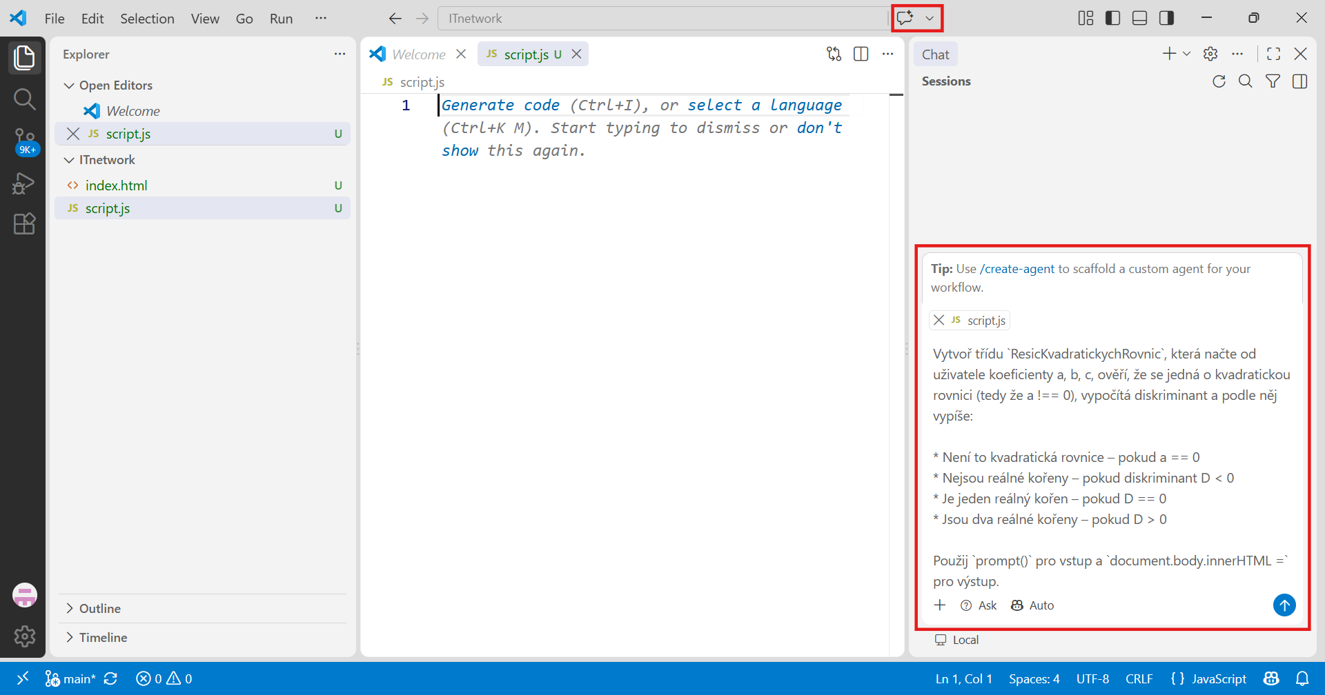 Prompt na vytvoření funkce pro řešení kvadratických rovnic - Základní konstrukce jazyka JavaScript