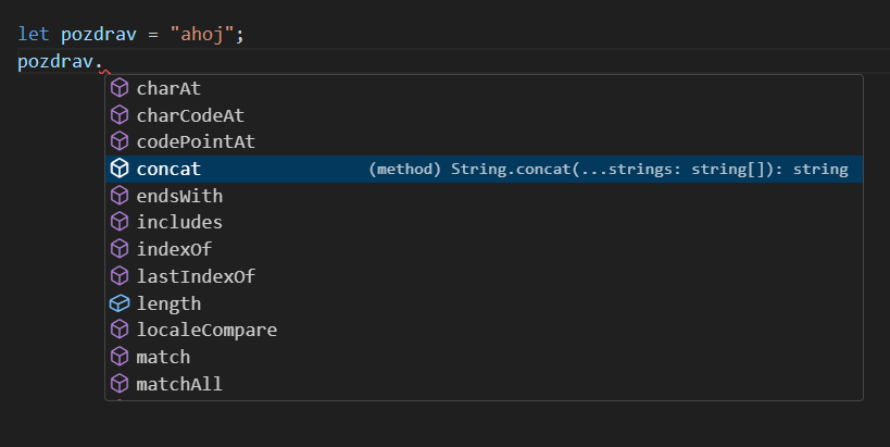 Metody na textovém řetězci string ve Visual Studio Code - Základní konstrukce jazyka JavaScript