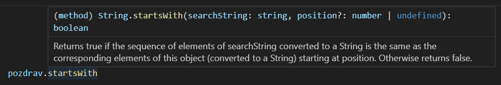 Popis vybrané metody na textovém řetězci ve Visual Studio Code - Základní konstrukce jazyka JavaScript