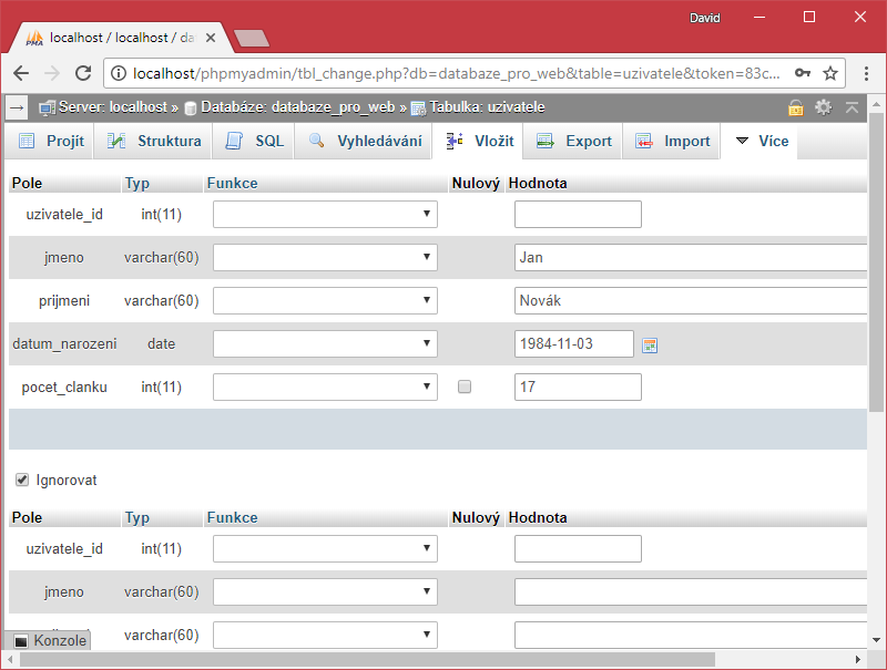 Vložení záznamu do tabulky v phpMyAdmin - MySQL/MariaDB databáze krok za krokem