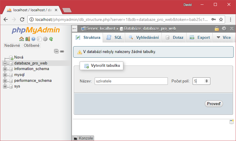 Vytvoření tabulky v phpMyAdmin - Databáze v PHP pro začátečníky
