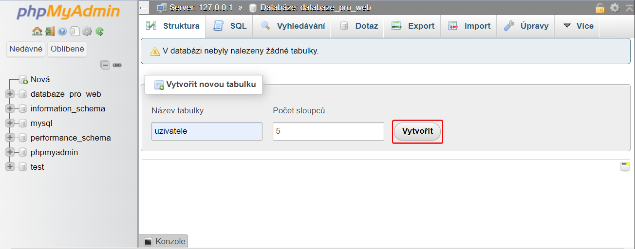 Vytvoření tabulky uživatelů v phpMyAdmin - MySQL/MariaDB databáze krok za krokem