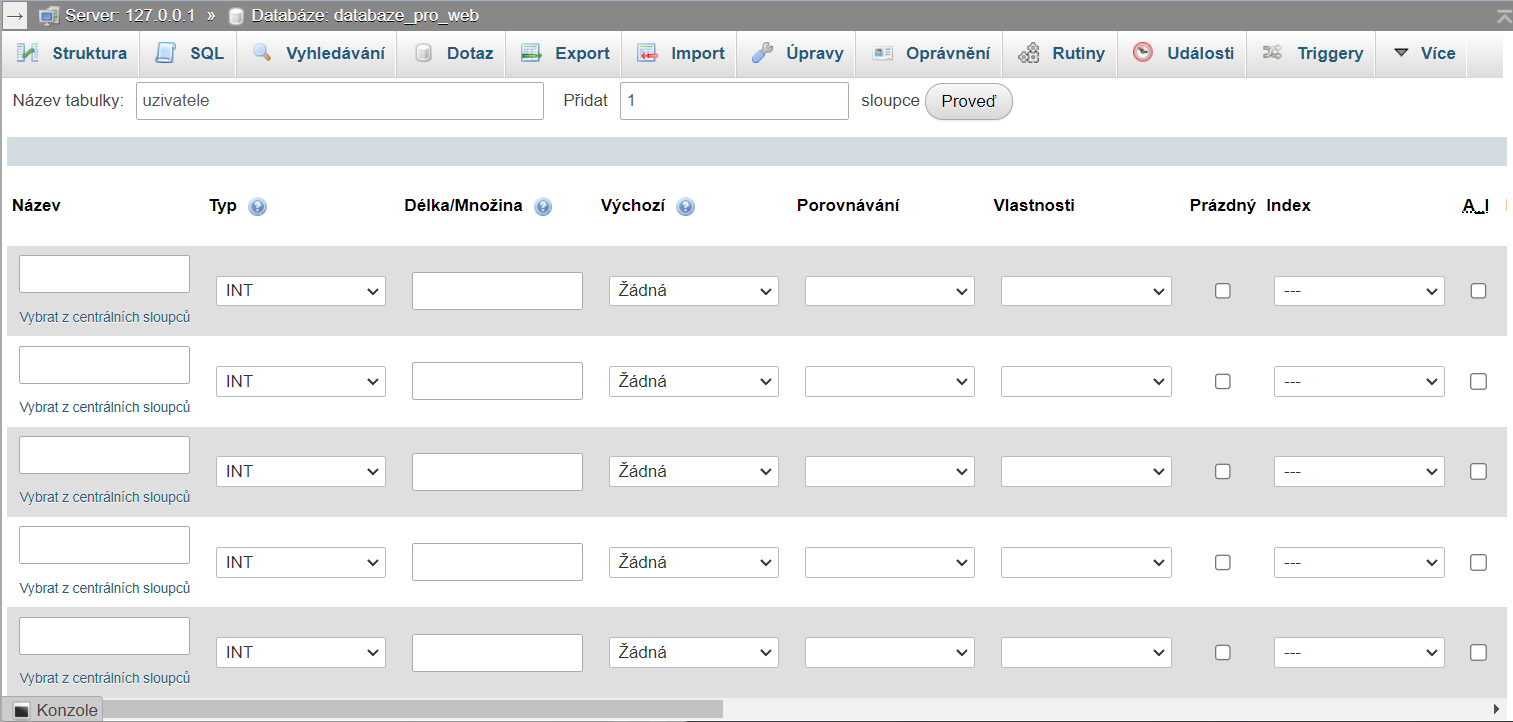 Okno pro vytvoření tabulky v phpMyAdmin - MySQL