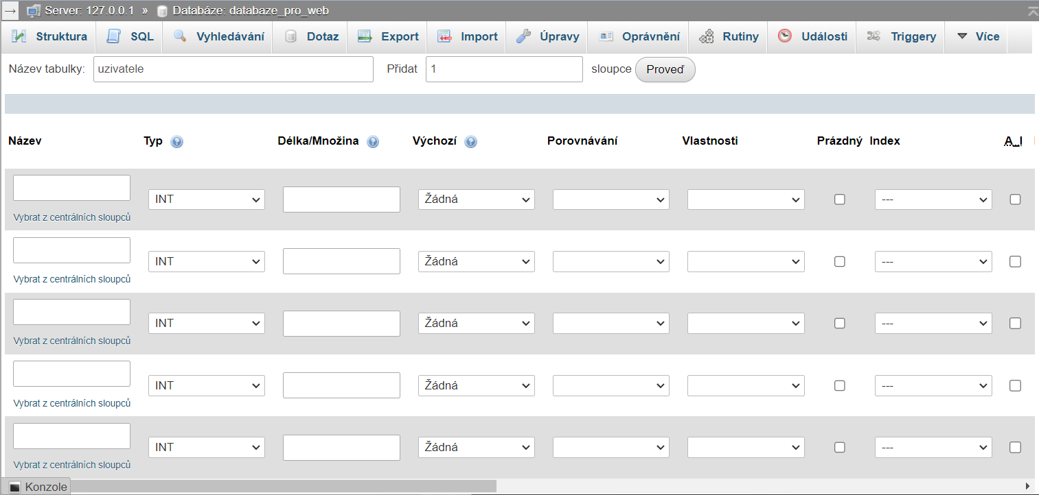 Okno pro vytvoření tabulky v phpMyAdmin - MySQL/MariaDB databáze krok za krokem