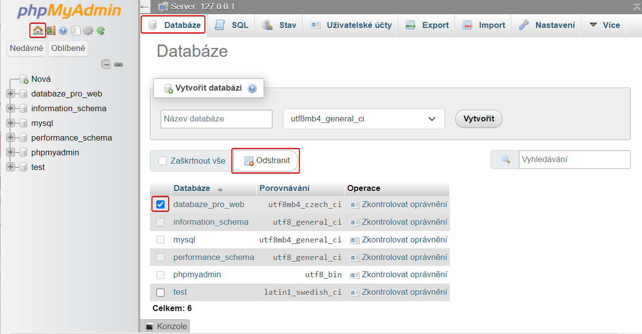 Odstranění MySQL databáze - MySQL/MariaDB databáze krok za krokem