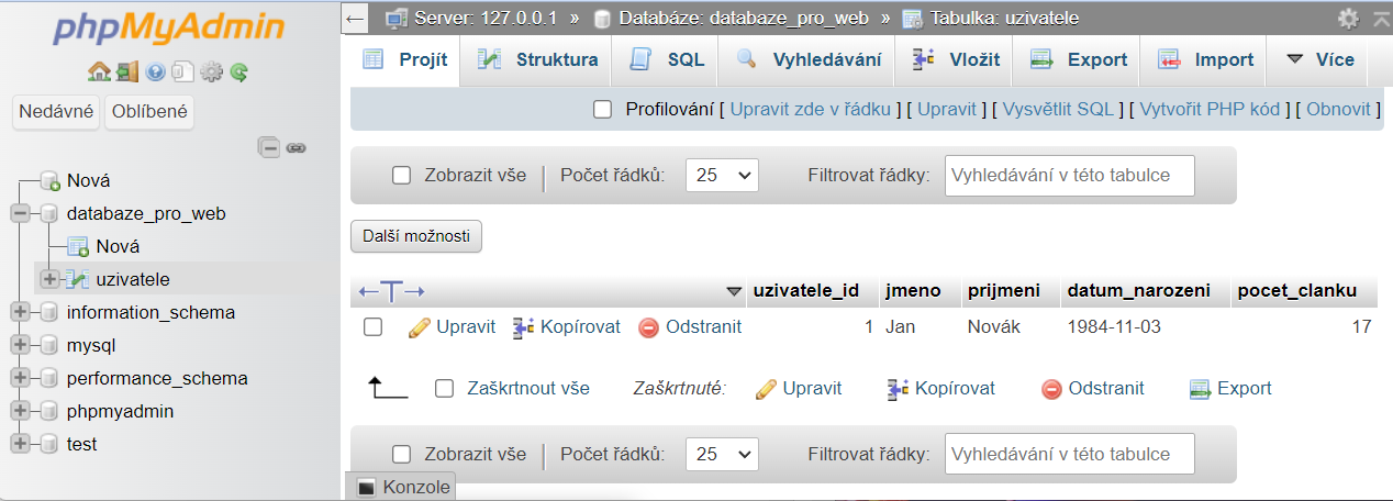 Zobrazení vloženého záznamu v phpMyAdmin - MySQL/MariaDB databáze krok za krokem