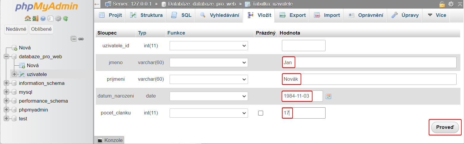 Vložení záznamu do tabulky v phpMyAdmin - MySQL