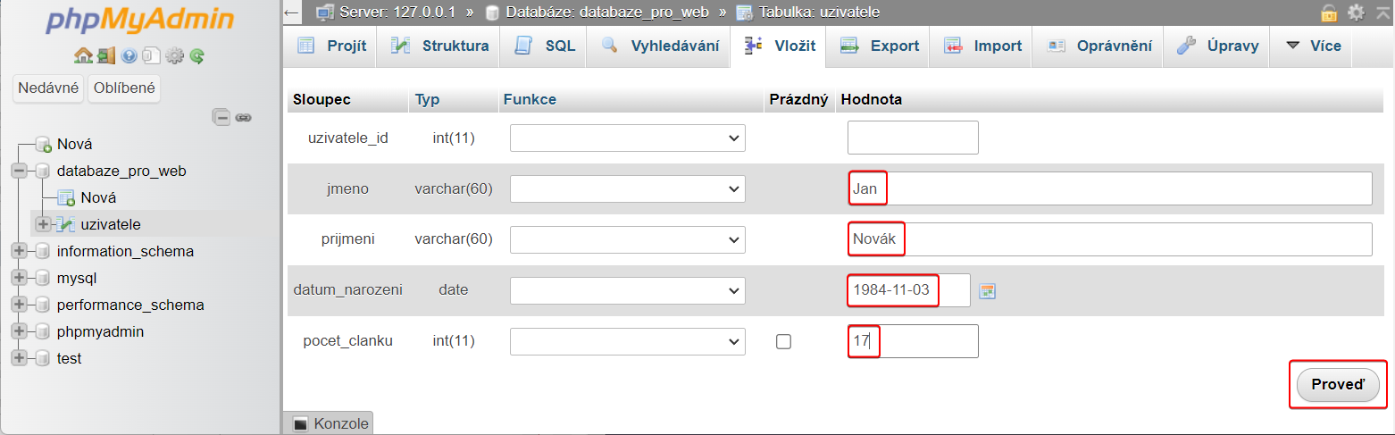 Vložení záznamu do tabulky v phpMyAdmin - MySQL/MariaDB databáze krok za krokem