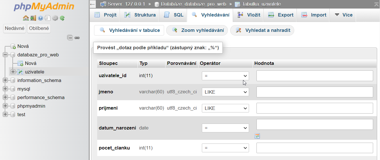 Vyhledávání v phpMyAdmin - MySQL/MariaDB databáze krok za krokem