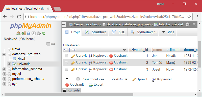 Uživatelé v MySQL tabulce - MySQL/MariaDB databáze krok za krokem