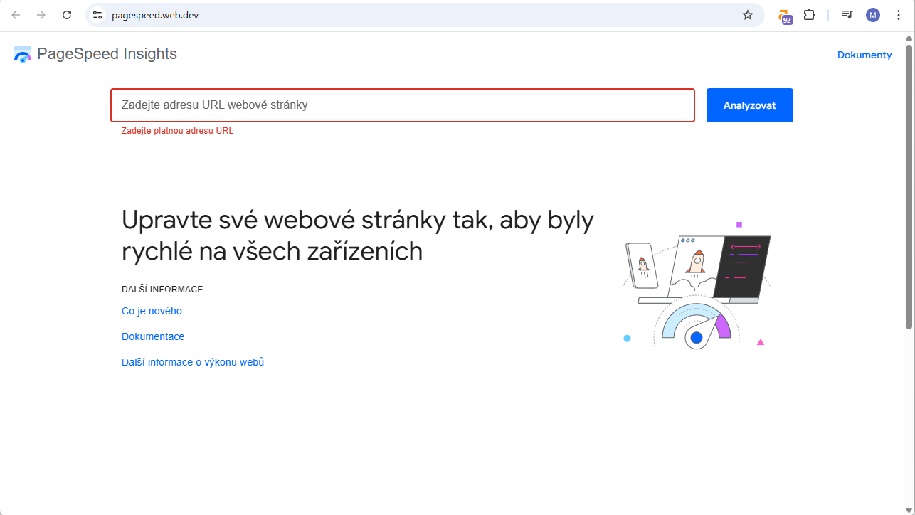 Úvodní stránka PageSpeed Insights - SEO - Optimalizace webů pro vyhledávače