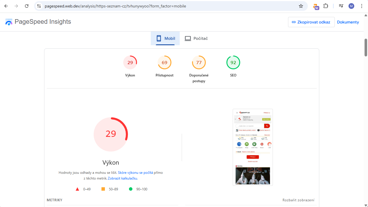 Výsledek měření v PageSpeed Insights - Jak psát moderní web (HTML a CSS)