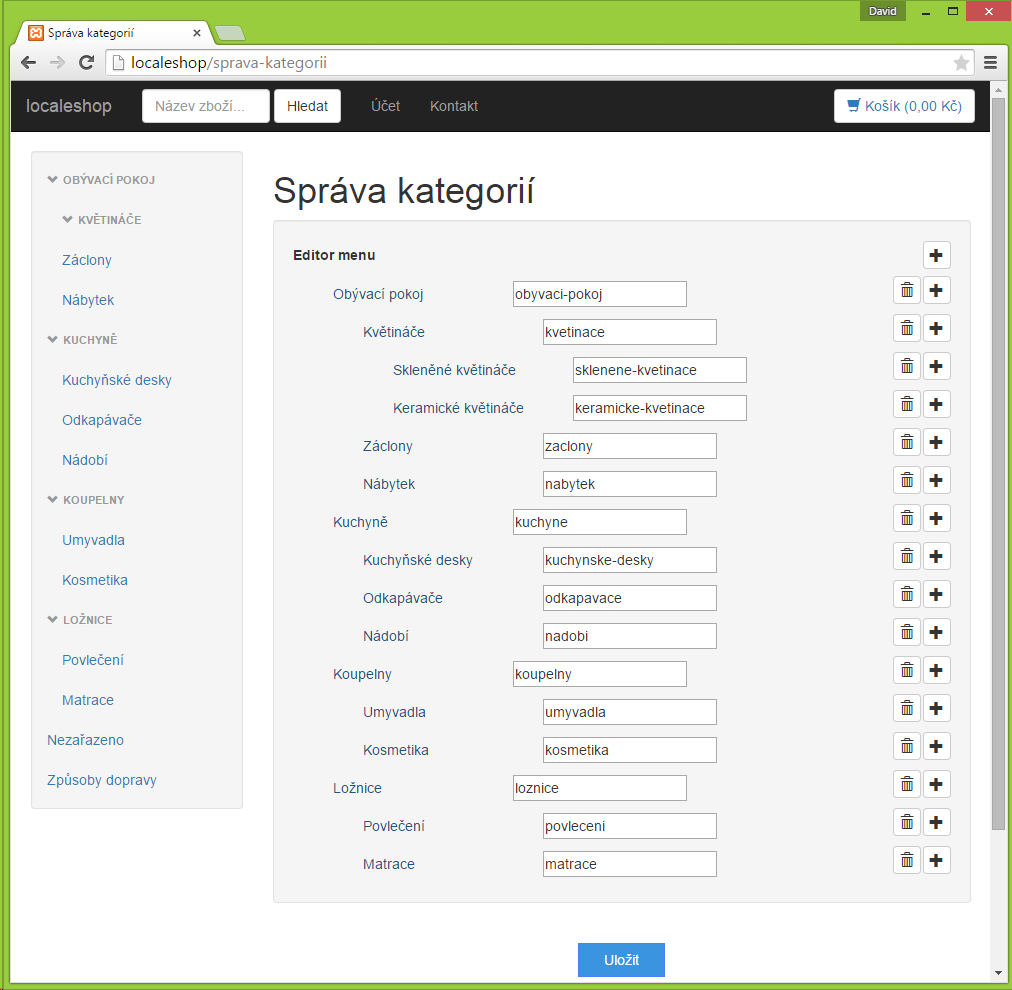 Editor kategorií produktů v e-shopu v PHP