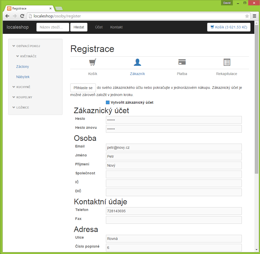 Registrace osoby v e-shopu
