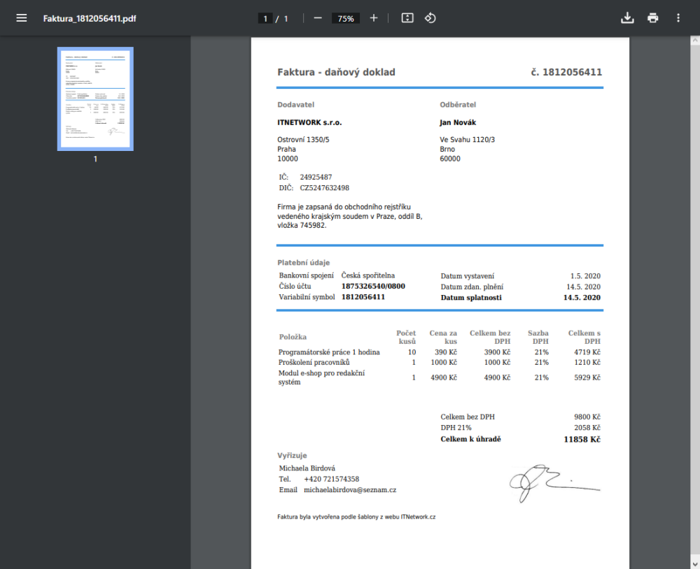 PDF faktura vygenerovaná v PHP