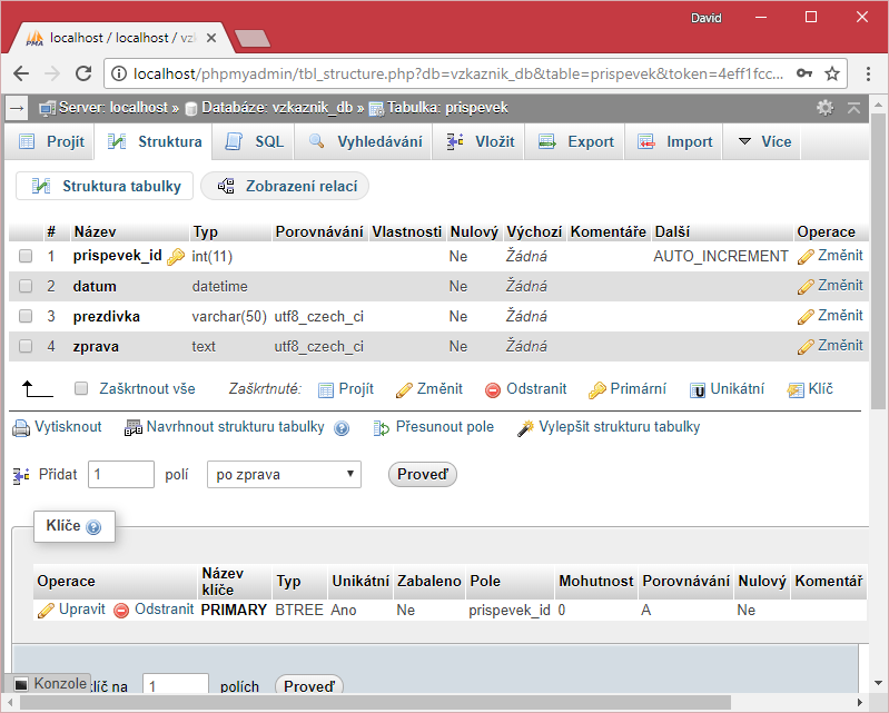 Struktura MySQL databáze vzkazníku