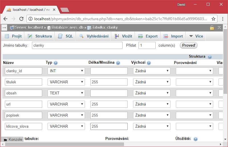 Vytvoření tabulky článků v phpMyAdmin - Databáze v PHP pro začátečníky