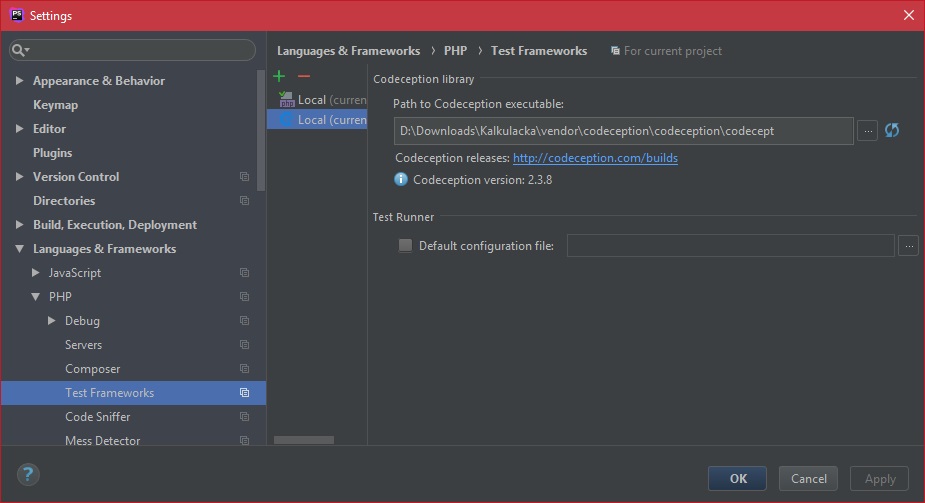 Nastavení Codeception v PhpStorm - Testování v PHP