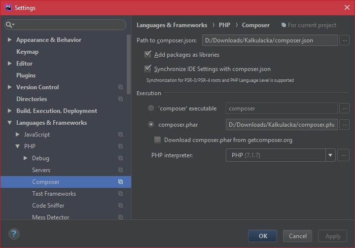 Nastavení Composeru v PhpStorm - Testování v PHP