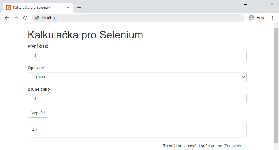 Formulář kalkulačky pro testování v Seleniu