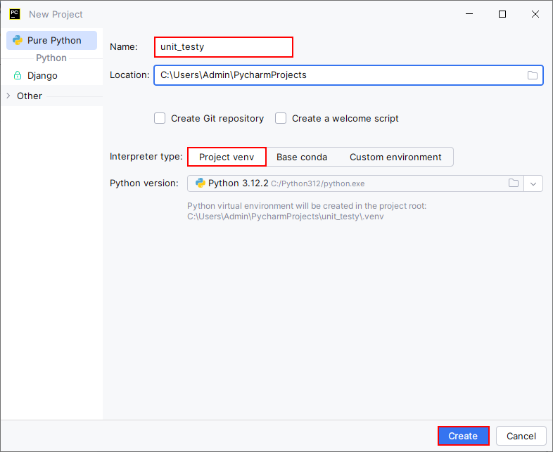 Vytvoření projektu v PyCharmu - Testování v Pythonu