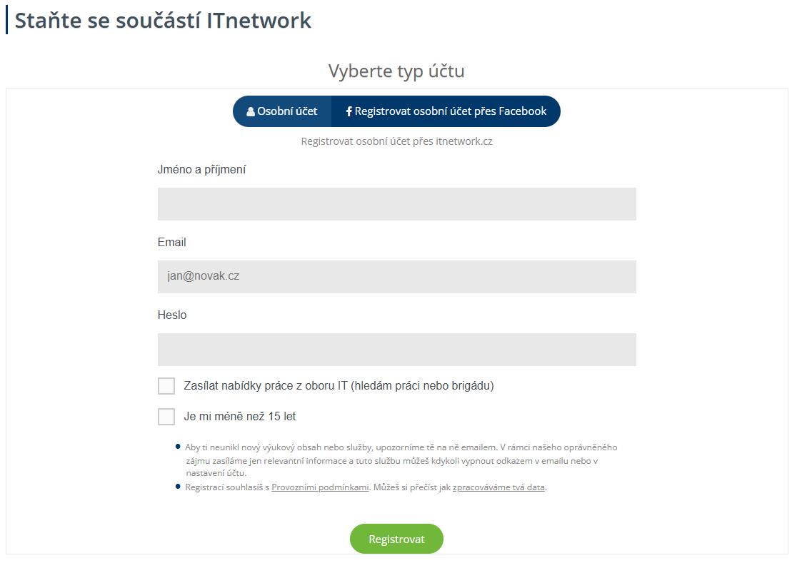 Registrační formulář itnetwork.cz - Práce a podnikání v IT