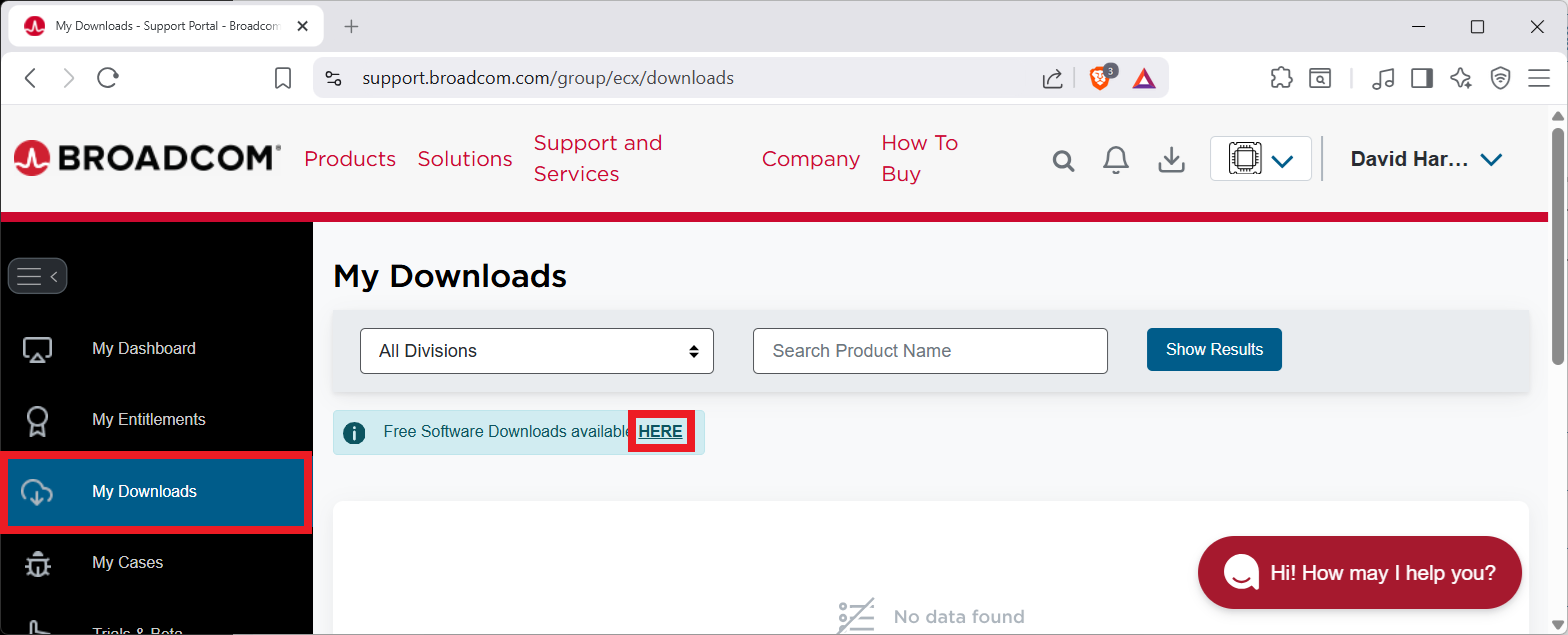 Sekce ke stažení v portálu podpory Broadcom - Základy Windows