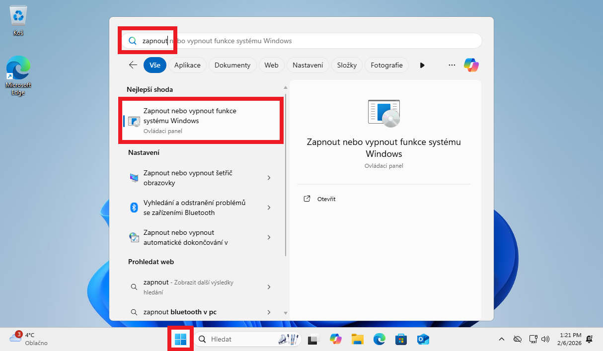 Zapnout nebo vypnout funkce systému Windows