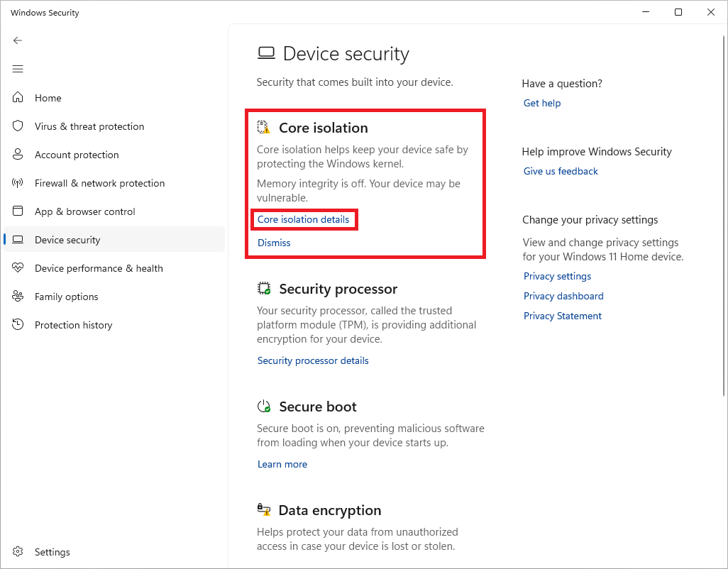 Nastavení izolace jádra Windows