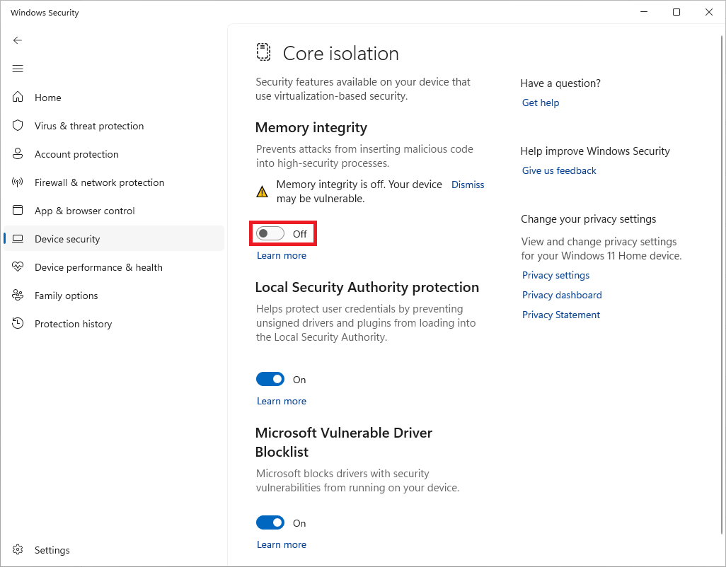 Nastavení integrity paměti ve Windows